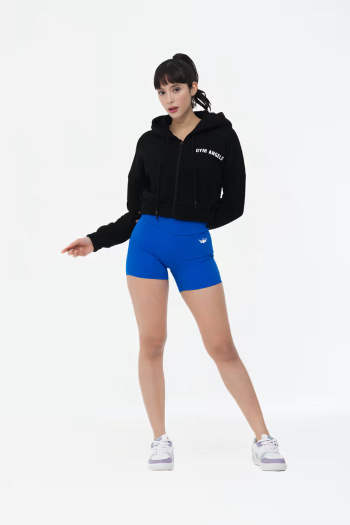 Black crop fleece hoodie front view on model