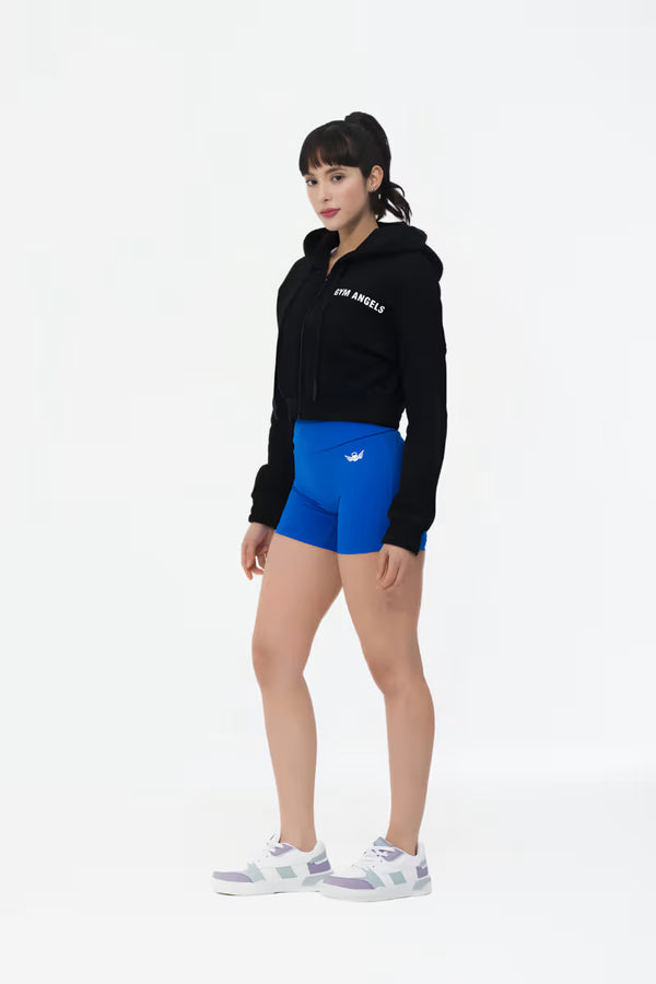 Black cropped fleece hoodie side angle showing fit