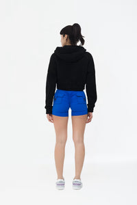 Black fleece crop hoodie back view with hood detail