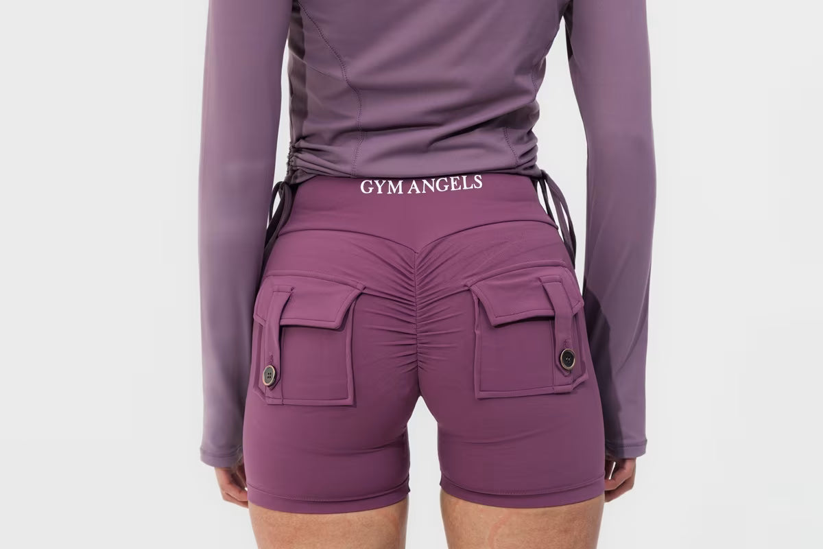 Pink Scrunch gym shorts with button pockets UK