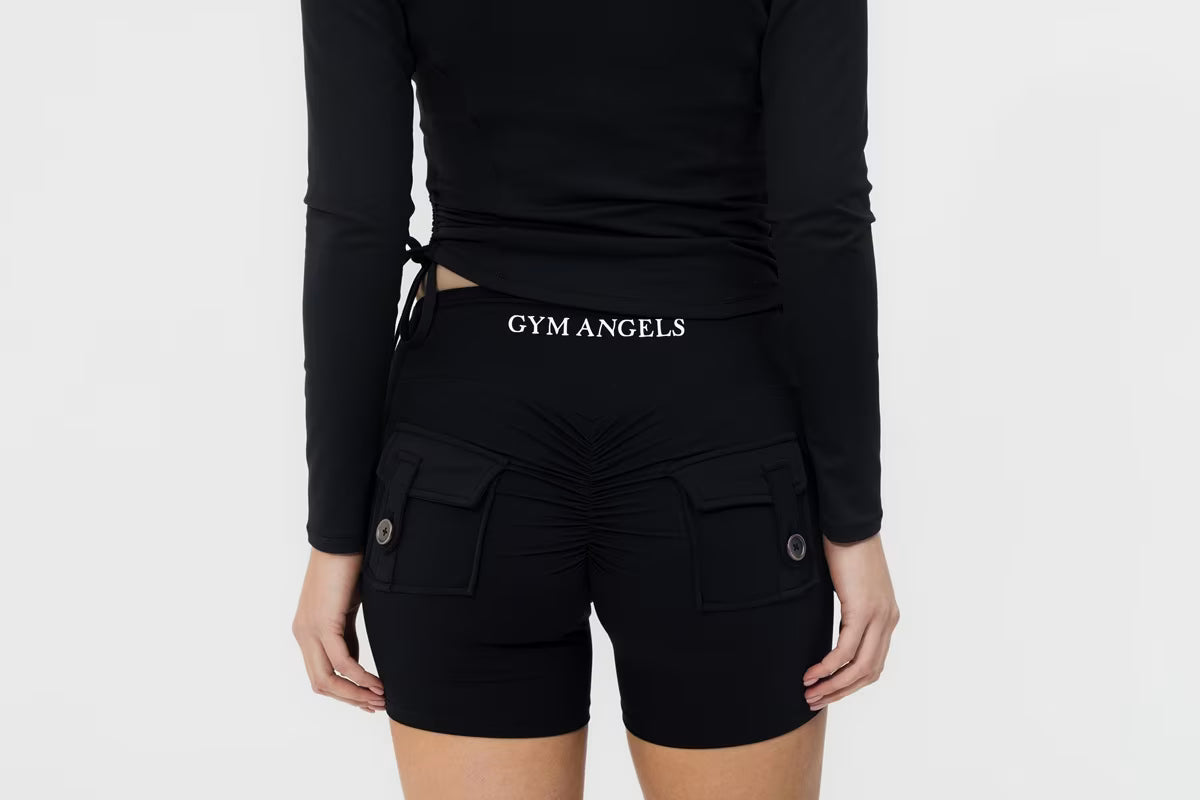 Gym Angels stylish black scrunch shorts for training UK