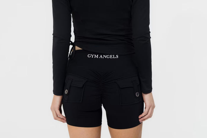 Gym Angels stylish black scrunch shorts for training UK