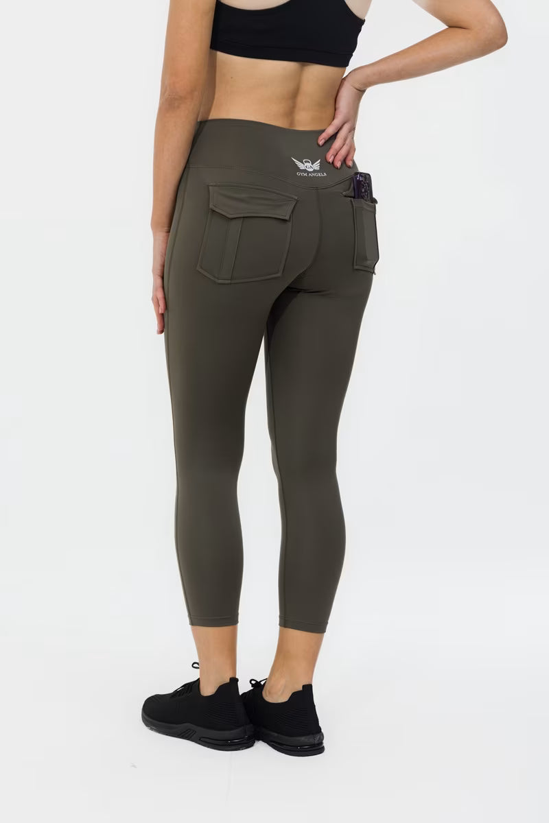 Women’s Cropped Gym Leggings  Khaki Green with Pocket Design 