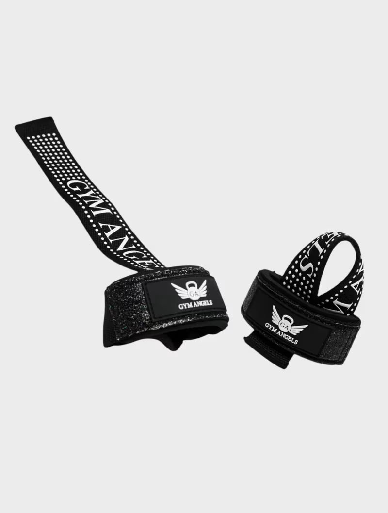 Two black straps with Gym Angels branding